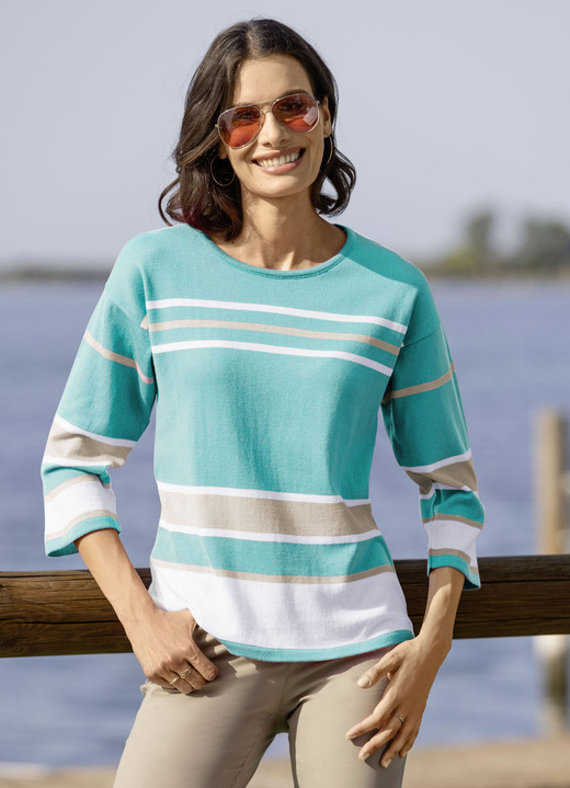 SALE % - Pullover in Ringelmuster, in Größe 036 bis 052, in Farbe TÜRKIS-WEISS-BEIGE Ansicht 1