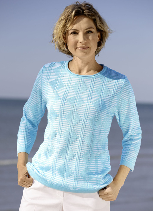 Pullover - Pullover mit dezentem Glanz Pullover - Pullover mit dezentem Glanz, in Größe 038 bis 054, in Farbe HELLBLAU-WEISS