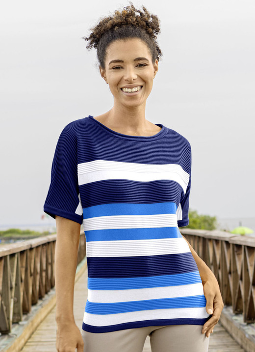 Korte mouw - Trui met strepenmotief, in Größe 038 bis 052, in Farbe MARINEWIT-AZUURBLAUW Ansicht 1