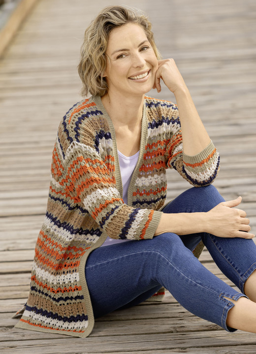 Gebreide jassen - Vest gemaakt van duurzaam gerecycled katoen Gebreide jassen - Vest gemaakt van duurzaam gerecycled katoen, in Größe 038 bis 054, in Farbe OLIV-ORANGE-MULTICOLOR
