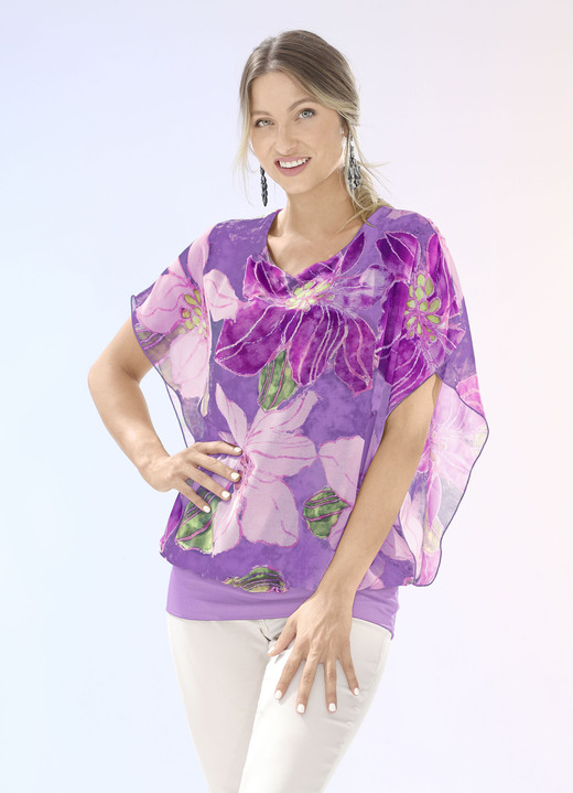 Korte mouw - Overhemdblouse met chiffonworp in 2 kleuren, in Größe 036 bis 052, in Farbe FLIEDER-AUBERGINE-BEIGE Ansicht 1