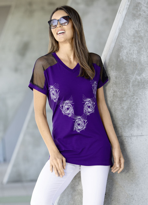 Korte mouw - Lang shirt met contrastprint in 2 kleuren, in Größe 038 bis 054, in Farbe LILA Ansicht 1