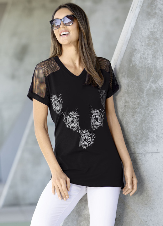 Kurzarm - Longshirt mit Kontrast-Druck in 2 Farben Kurzarm - Longshirt mit Kontrast-Druck in 2 Farben, in Größe 038 bis 054, in Farbe SCHWARZ