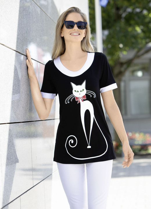 Korte mouw - Lang shirt met kattenmotief, in Größe 038 bis 056, in Farbe SCHWARZ