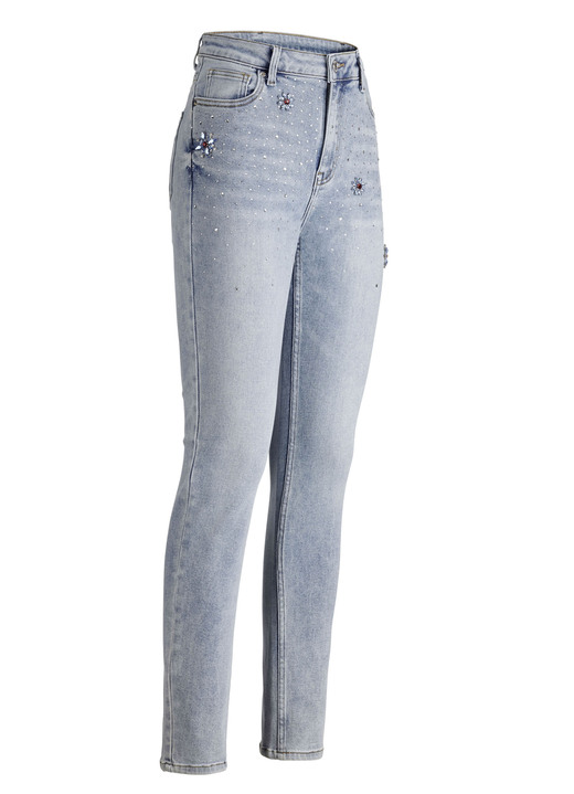 Broeken - Jeans met strassversiering en glanzende bloemmotieven, in Größe 017 bis 050, in Farbe LICHTBLAUW Ansicht 1