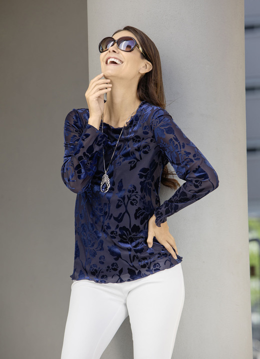 Gelegenheidsblouses - Overhemdtuniek met volantrand Gelegenheidsblouses - Overhemdtuniek met volantrand, in Größe 036 bis 052, in Farbe MARINE
