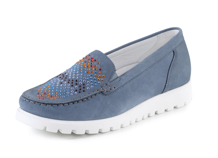 Instappers & veterschoenen - Waldläufer mocassinpantoffels versierd met kleurrijke strasssteentjes, in Größe 3 1/2 bis 8, in Farbe JEANS Ansicht 1