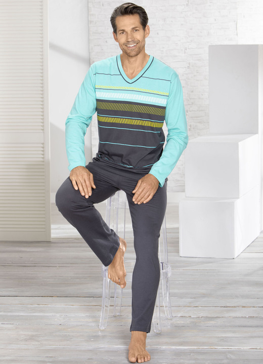 - Pyjama met V-hals en open boorden aan de pijpen, in Größe 046 bis 062, in Farbe TURQUOISE-GRIJS
