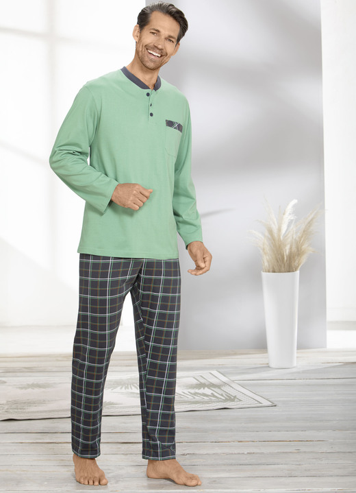Pyjama's - Pyjama met knoopsluiting en open manchetten, in Größe 046 bis 062, in Farbe GROEN-GRIJS Ansicht 1