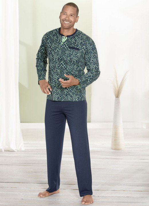 Pyjama's - Pyjama met knoopsluiting en open manchetten, in Größe 048 bis 064, in Farbe GROEN-MARINE Ansicht 1