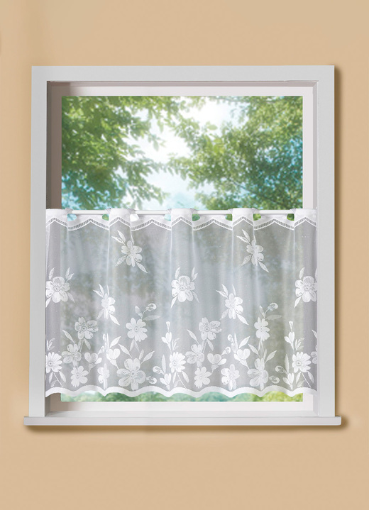 Korte gordijnen - Korte blinde bloemrank met staafdoorgang, in Größe 660 (H 30 x B 100 cm) bis 876 (H 50 x B 150 cm), in Farbe WIT Ansicht 1