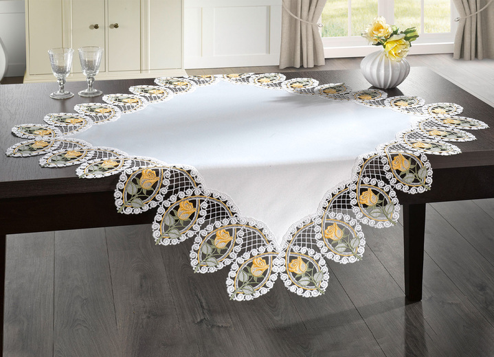 Tafellakens - Tafelkleed gemaakt van echt Plauenkant, in Größe 102 (Läufer oval, 45/ 78 cm) bis 404 (Kussensloop, 40/40 cm), in Farbe SEKT Ansicht 1