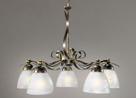 Elegante hanglamp, 5 lampjes gemaakt van ijzer en glas