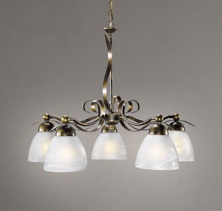 Elegante hanglamp, 5 lampjes gemaakt van ijzer en glas