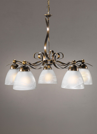 Elegante hanglamp, 5 lampjes gemaakt van ijzer en glas
