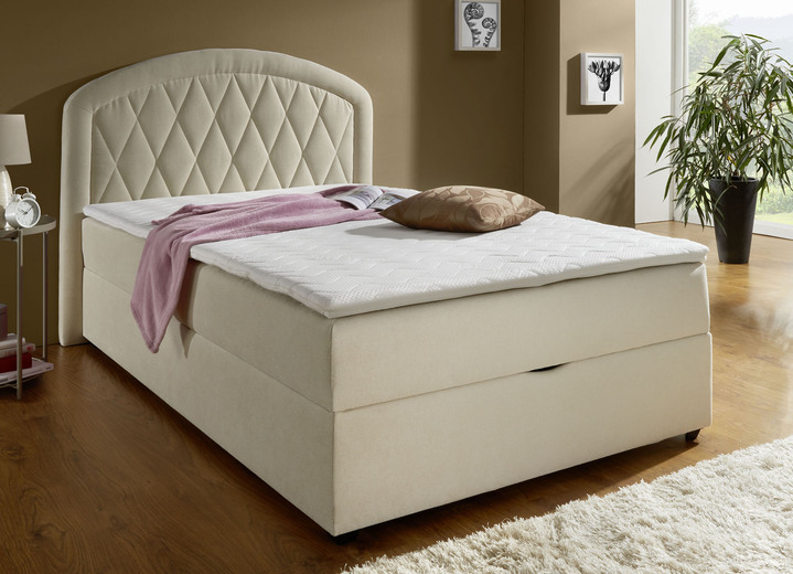 Boxspringbetten - Boxspringbett mit Bettkasten und Topper, in Farbe CREME, in Ausführung mit Bonnell-Federkern-Matratze Ansicht 1