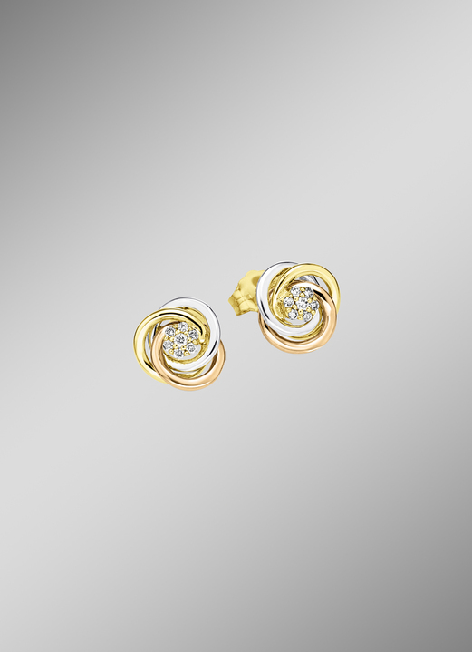 Oorbellen - Glanzende driekleurige oorknopjes met 14 briljant geslepen diamanten, in Farbe  Ansicht 1