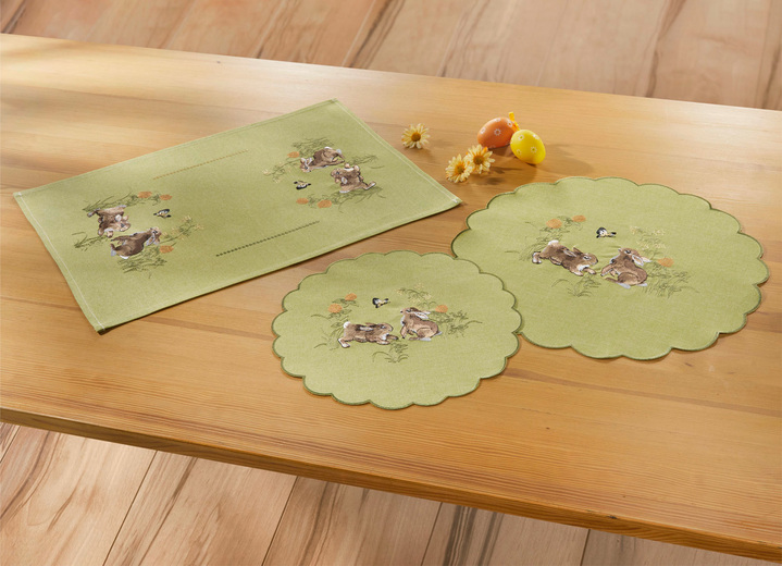 Pasen - Tafel- en kamerdecoratie met hazenmotieven, in Größe 101 (Kleedje, 35/50 cm) bis 404 (Kussensloop, 40/40 cm), in Farbe GRÜN Ansicht 1