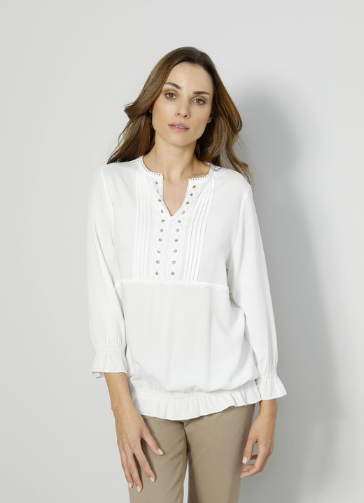 3/4-mouw - Slip-on blouse met ruches 3/4-mouw - Slip-on blouse met ruches, in Größe 038 bis 052, in Farbe WEISS