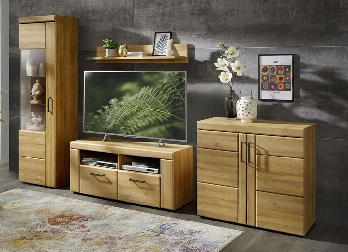 Woonwanden - Wandkast met deuren en laden met softclose, in Farbe LICHT EIKEN, in Ausführung Wandmeubel, klein, vitrine, 1 deur, deurscharniert links Ansicht 1