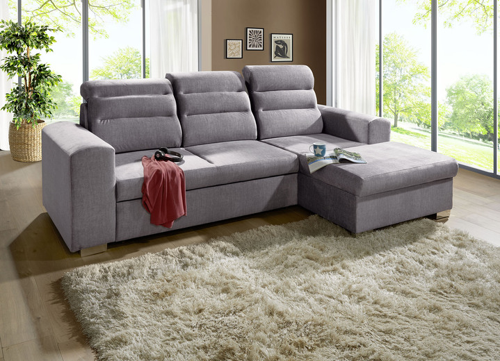 Hoekbankstellen - Gestoffeerd meubilair met bedfunctie en bedkast, in Farbe GRAU, in Ausführung Gestoffeerde hoek met longleunstoel, 260x155 cm Ansicht 1