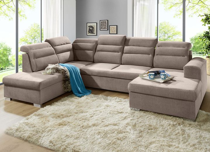 Hoekbankstellen - Gestoffeerd meubilair met bedfunctie en bedkast, in Farbe TAUPE, in Ausführung Levend landschap, 155x320x202 cm Ansicht 1
