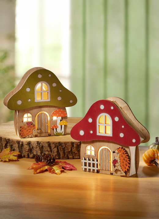 Wohnaccessoires - Beleuchtetes Pilz-Haus, in Farbe ROT-NATUR, in Ausführung Mit rotem Dach
