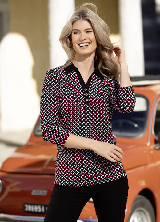 3/4-mouw - Poloshirt met V-hals, in Größe 036 bis 052, in Farbe ZWART-ROOD-ECRU Ansicht 1