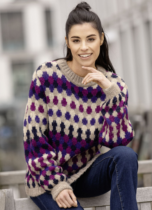 Langarm - Pullover, in Größe 034 bis 050, in Farbe BEIGE-LILA-MULTICOLOR