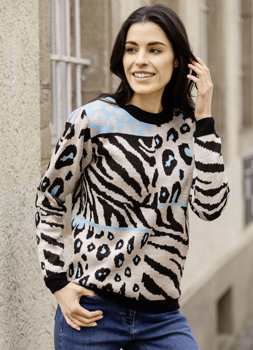 Langarm - Pullover, in Größe L(44/46) bis XS(32/34), in Farbe SCHWARZ-BEIGE-HELLBLAU