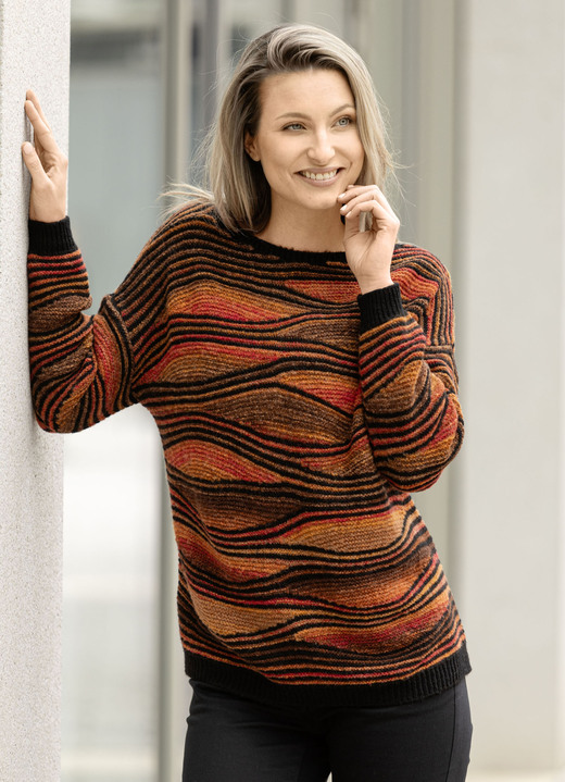 Langarm - Pullover Langarm - Pullover, in Größe L(44/46) bis XXL(52/54), in Farbe SCHWARZ-ORANGE-MULTICOLOR