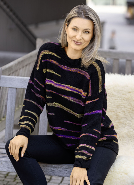 Langarm - Trui met intarsiastrepen Langarm - Pullover, in Größe L(44/46) bis XXL(52/54), in Farbe SCHWARZ-MULTICOLOR