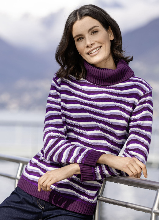 Langarm - Pullover, in Größe L(44/46) bis XXL(52/54), in Farbe LILA-ECRU-MULTICOLOR