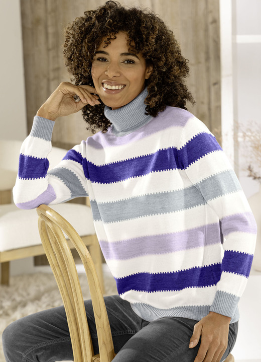 Langarm - Pullover, in Größe 036 bis 052, in Farbe NATUR-LILA-MULTICOLOR Ansicht 1
