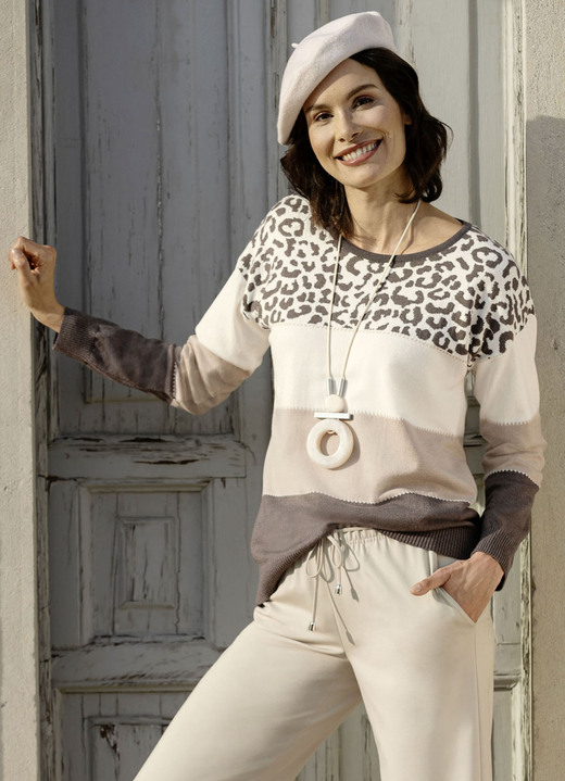 Lange mouw - Fijngebreide trui, in Größe 036 bis 052, in Farbe ECRU-BEIGE-BRAUN Ansicht 1
