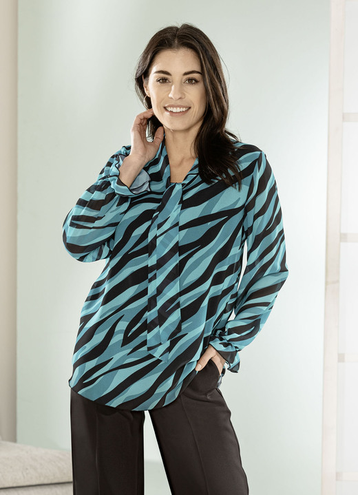 Lange mouw - Blouse met strikbandje bij de halslijn Lange mouw - Blouse met strikbandje bij de halslijn, in Größe 036 bis 052, in Farbe ZWART-PETROL