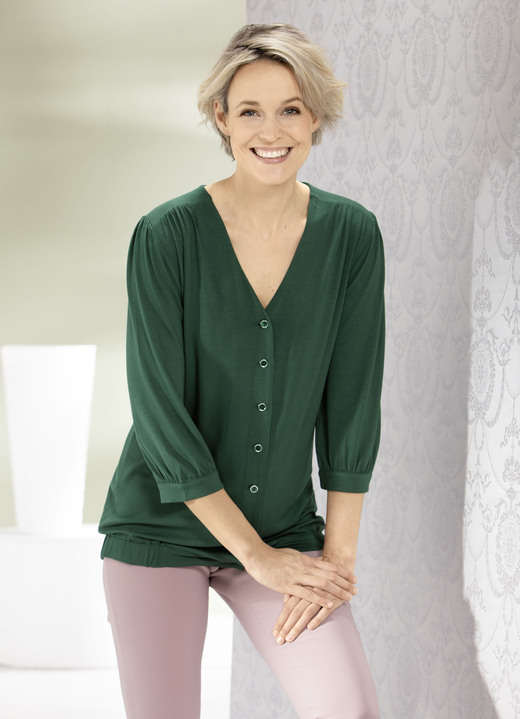3/4-mouw - Overhemdblouse met doorlopende knoopsluiting in 2 kleuren 3/4-mouw - Overhemdblouse met doorlopende knoopsluiting in 2 kleuren, in Größe 036 bis 052, in Farbe GROEN