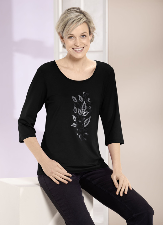 3/4-mouw - Shirt met strass steentjes in 2 kleuren 3/4-mouw - Shirt met strass steentjes in 2 kleuren, in Größe 036 bis 052, in Farbe ZWART