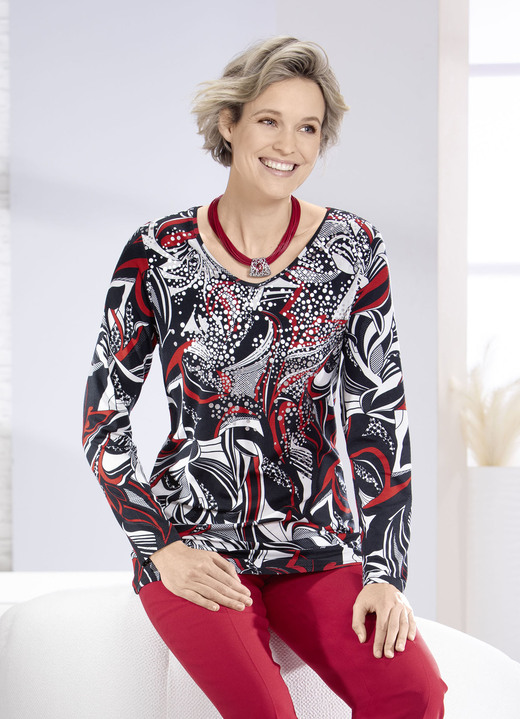 Lange mouw - Shirt met ronde V-hals Lange mouw - Shirt met ronde V-hals, in Größe 038 bis 054, in Farbe ZWART-ROOD-ECRU
