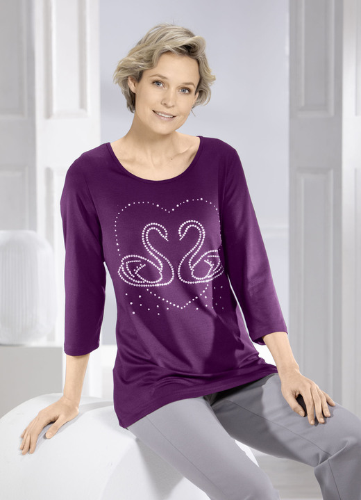 3/4-mouw - Shirt met elegante strassversiering in 2 kleuren, in Größe 038 bis 052, in Farbe AUBERGINE Ansicht 1