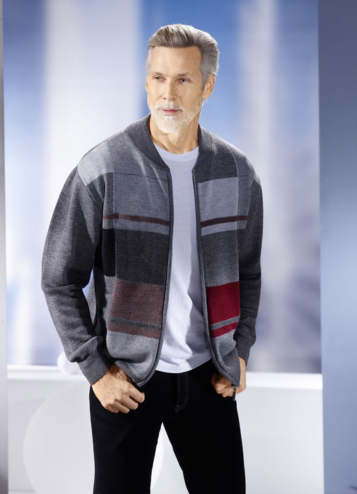 Strickjacken - Jacke, in Größe 046 bis 064, in Farbe MITTELGRAU MELIERT-BORDEAUX-GRAU Ansicht 1
