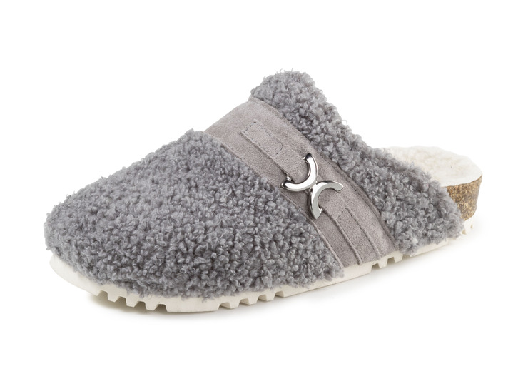 Huisschoenen - Laurina pantoffels van zacht pluche met velours bies, in Größe 036 bis 042, in Farbe GRAU Ansicht 1