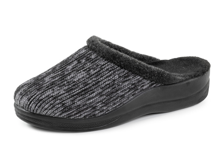 Huisschoenen - Laurina pantoffels van iriserend corduroy materiaal met vilten bies, in Größe 036 bis 041, in Farbe GRAU Ansicht 1