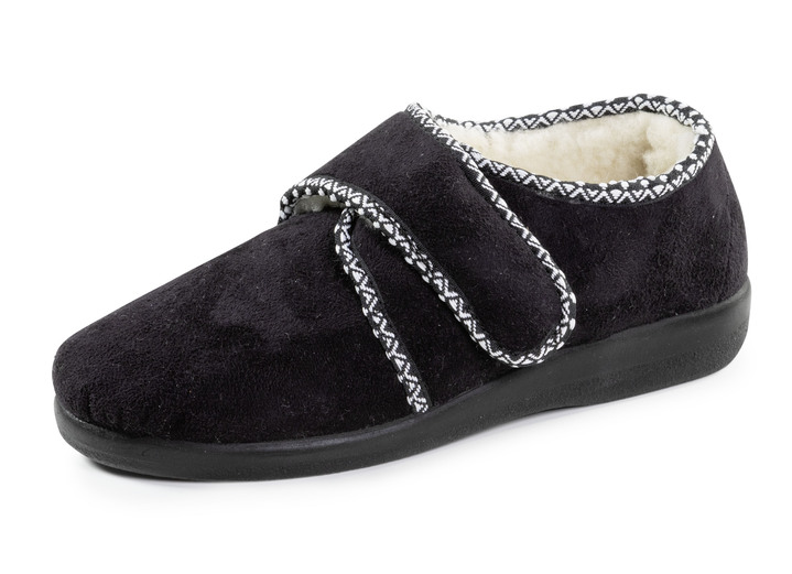 Huisschoenen - Warme damespantoffels, breedte H, met klittenbandsluiting, in Größe 036 bis 042, in Farbe ZWART Ansicht 1