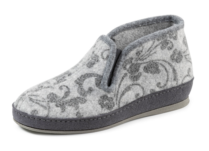 Huisschoenen - Pantoffel van wolvilt met bloemenprint, in Größe 036 bis 042, in Farbe GRAU Ansicht 1