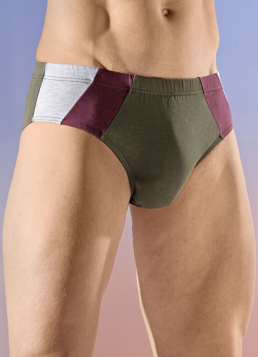Slips & Unterhosen - Viererpack Slips, in Größe 004 bis 010, in Farbe 2X OLIV-BORDEAUX-GRAU MELIERT, 2X BORDEAUX-OLIV-GRAU MELIERT Ansicht 1