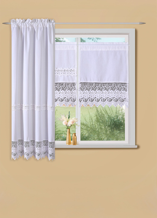 Klassisch - Scheiben-Gardine, in Größe 400 (Scheiben-Gardine ohne Einsatz, H50xB40 cm) bis 520 (Seitenschal, H180xB100 cm), in Farbe WEISS Ansicht 1