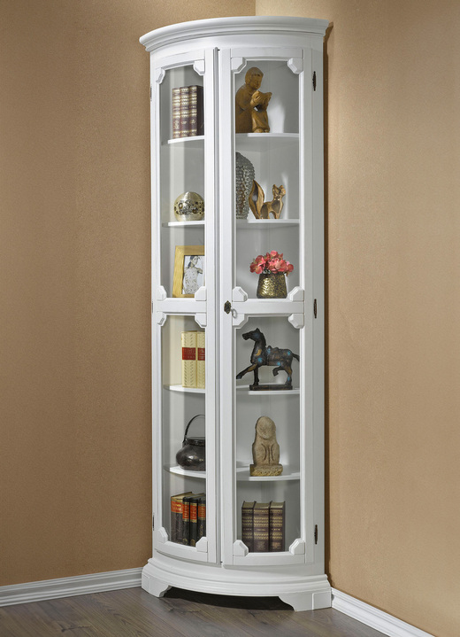 Vitrines - Deels massieve hoekvitrine met gebogen glazen deuren met slot, in Farbe WIT, in Ausführung klein, 1 deur Ansicht 1