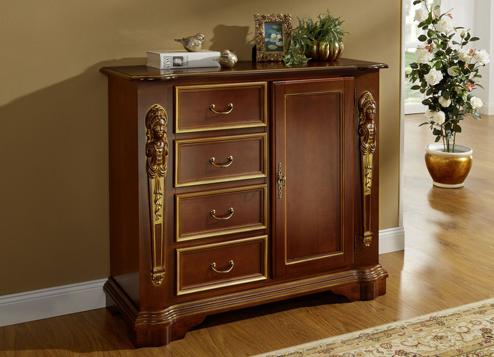Commodes - Italiaanse commodeserie met ingelegde vrouwenbeelden, in Farbe WALNOOT GOUD, in Ausführung Commode met schuifladen Ansicht 1