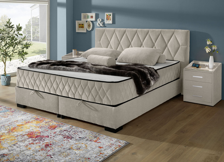 Boxspringbetten - Boxspringbett mit BK, in Farbe SAND, in Ausführung Kopfteil mit Rautensteppung Ansicht 1